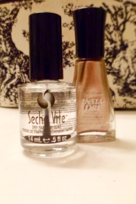 Seche Vite $7.98 from Target. Sally Hansen "Style Steel" $2.89 from Target.